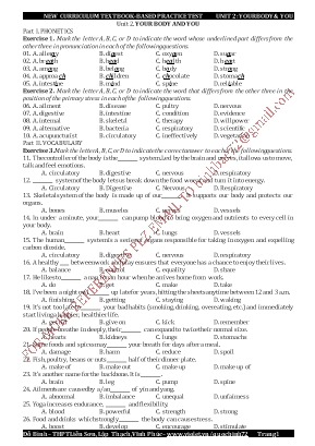 Bài tập bổ trợ Tiếng Anh Lớp 10 thí điểm - Unit 2 Your body and you - Đỗ Bình